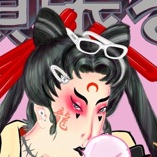 Dettaglio di Ganbaru: il trucco kabuki sul volto.