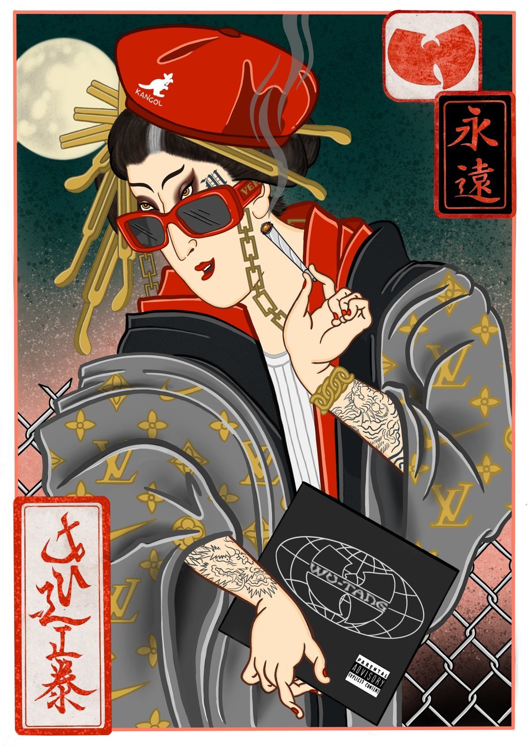 Illustrazione in stile ukiyo-e: una bijin con cappello Kangol, kimono a monogramma e riferimenti Wu-Tang.